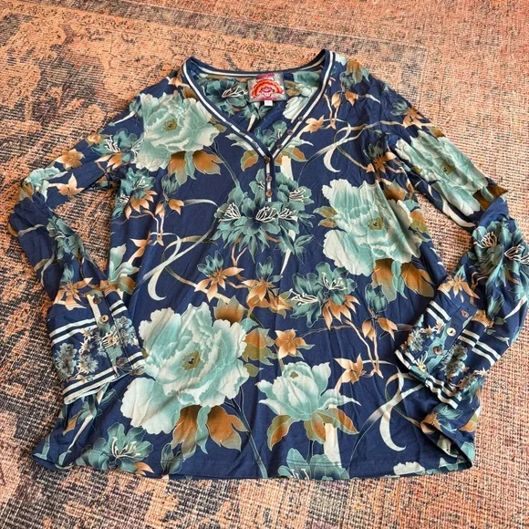 Johnny Was Janie Favorite Henley Peonee Blue Long Sleeve Floral Shirt Top - Picture 1 of 3